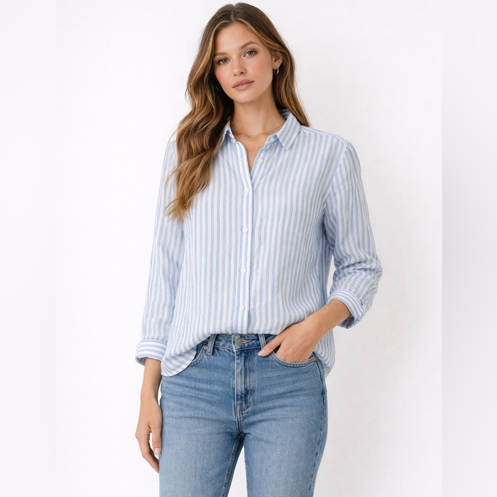 UNIQLO Blue White Striped Linen Button Down Shirt Medium